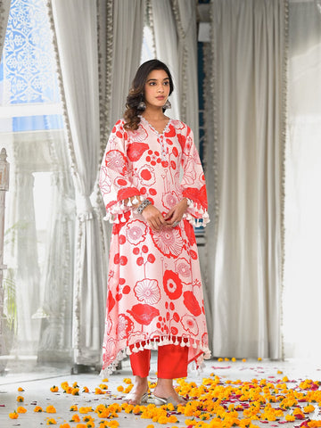Varanga Women Peach Floral Printed V-Neck Straight Kurta With Tessels Hem Paired With Tonal Solid Bottom